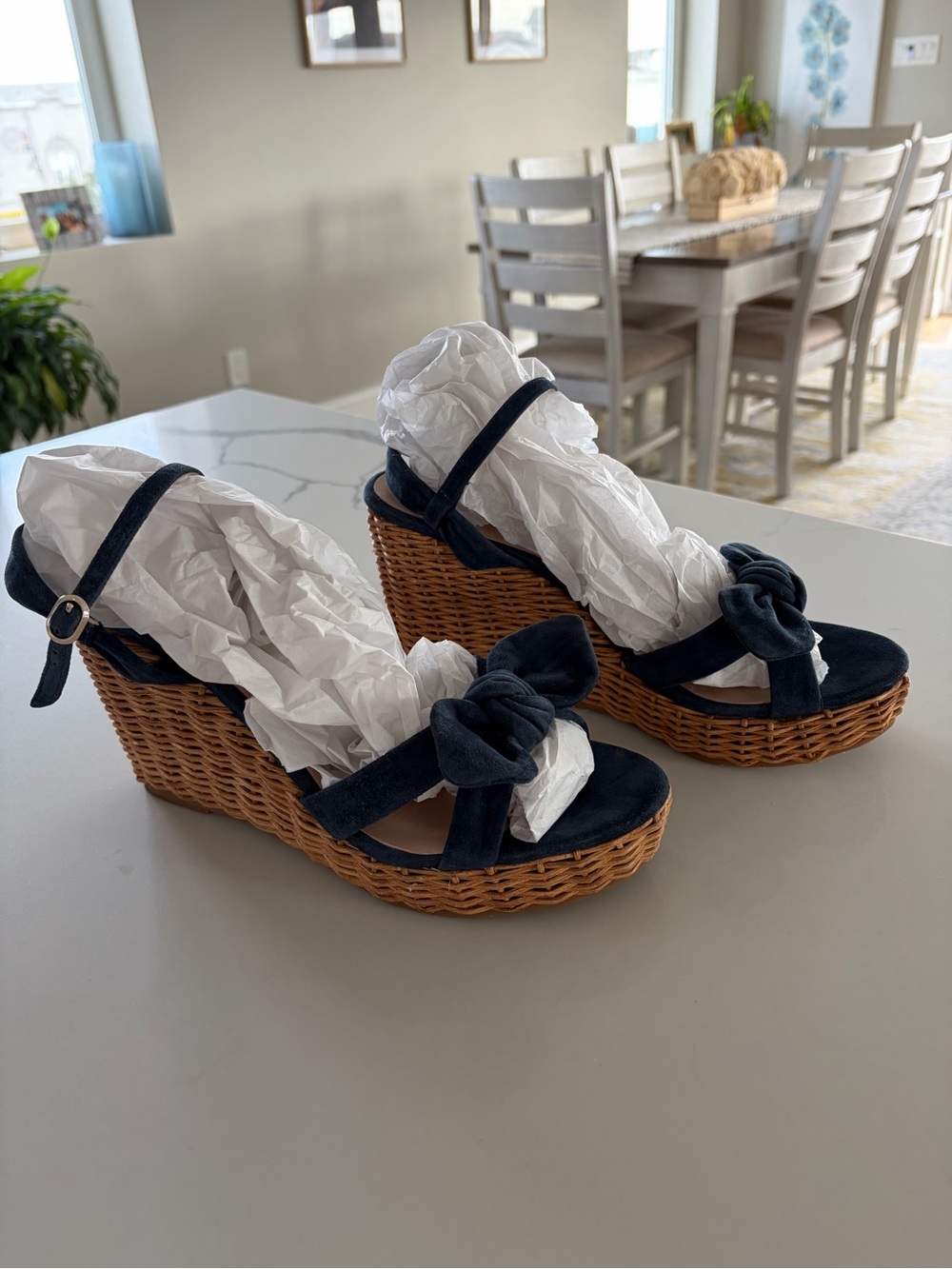 Kate Spade New York Navy Blue Suede Bow Wicker Wedge Espadrille Sandals Size 9 - Picture 8 of 16